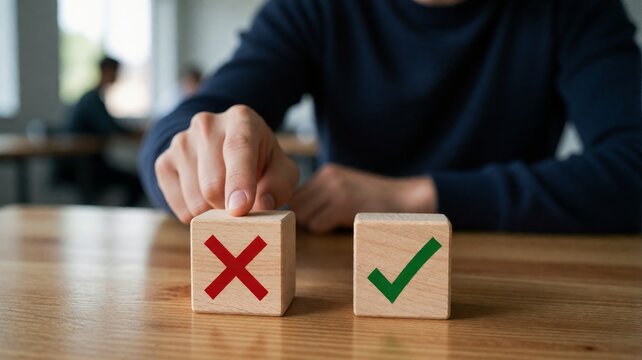 Man choosing between right and wrong with wooden blocks