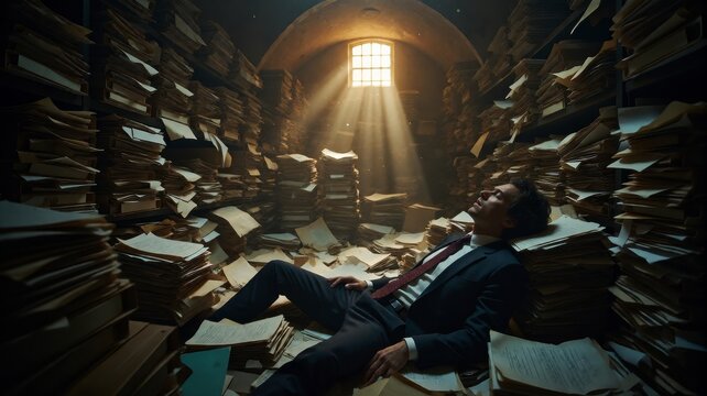 Man overwhelmed by paperwork in shadowy, sunlit archive