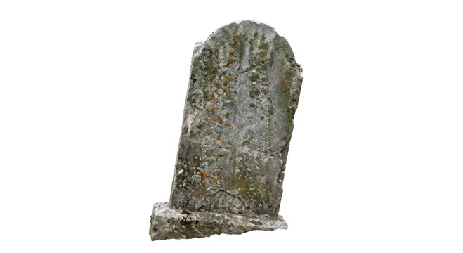 A weathered stone tombstone with natural lichen growth isolated on a clean white background