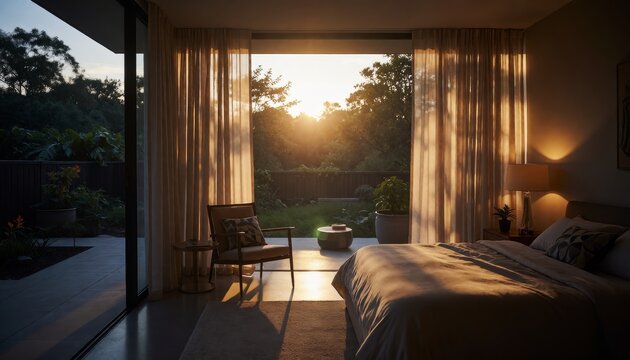 Modern bedroom bathed in golden sunrise light through glass doors
