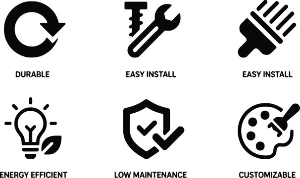 Long Title: Product Features Solid Glyph Icon Set Including Durable Easy Install Energy Efficient Low Maintenance and Customizable Symbols