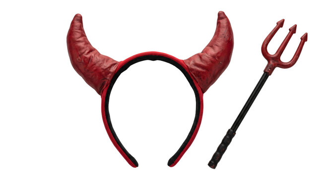 Red devil horns headband and a small plastic trident prop for a festive Halloween costume set