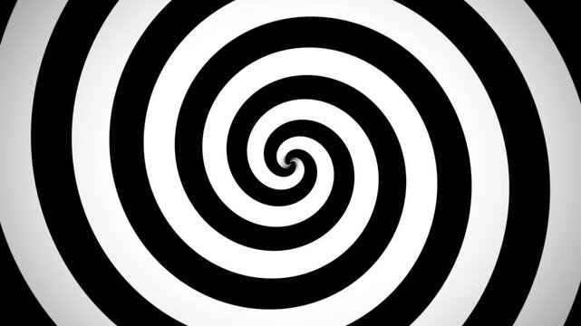Hypnotic spiral background with black and white rotating lines, psychedelic optical illusion motion graphic, monochrome swirling vortex loop