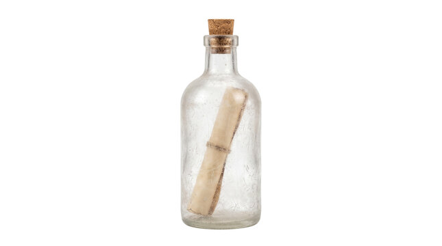 Vintage message in a bottle with cork stopper, rolled parchment paper inside glass bottle, antique nautical letter for pirate adventure concept isolated PNG with Transparent Background
