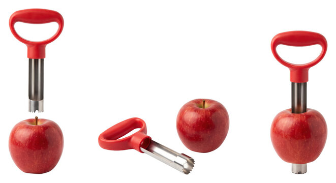 Red apple corers with whole apples on transparent background