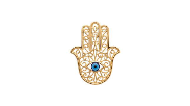 Golden Hamsa hand with blue evil eye, ornate filigree metal jewelry charm, traditional Middle Eastern protective amulet for luck and prosperity isolated PNG with Transparent Background
