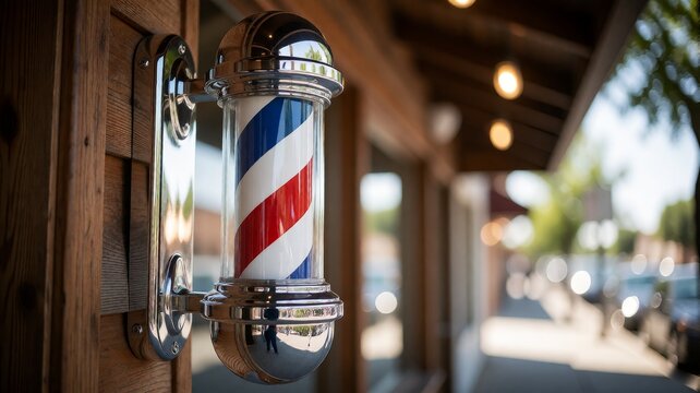 Shiny barber pole with red white blue stripes mounted on wooden door