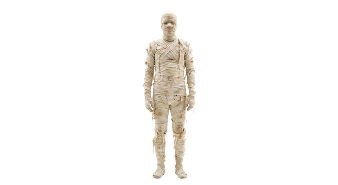 Full body view of a person dressed as an ancient Egyptian mummy standing on a white background