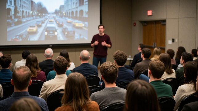 Speaker Presenting in Front of an Audience in a Conference Room