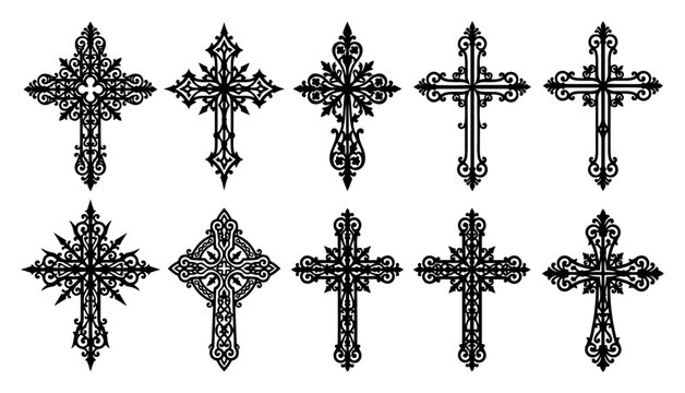 Christian ornate crosses set with gothic and vintage filigree in silhouette style