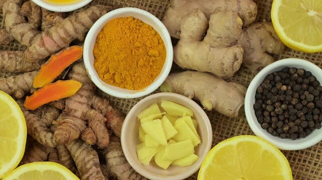 Immunity shot ingredients: turmeric, ginger, lemon and mandarin orange and black pepper