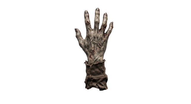 Creepy zombie hand reaching up isolated on a white background for horror themed design projects