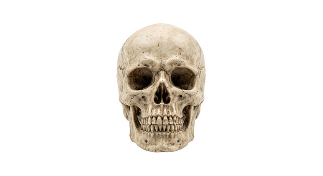 Front view of a realistic human skull model isolated on a clean white background for study