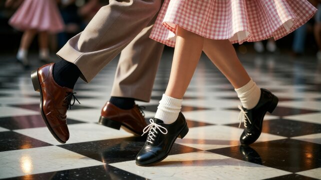 Two dancers mid-step on glossy black-and-white floor tiles