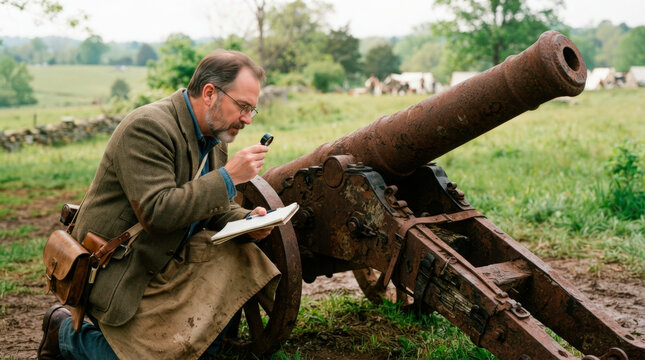 Historian examining vintage cannon in historical reenactment setting. Detailed inspection of artillery piece reveals historical significance and preservation methods.