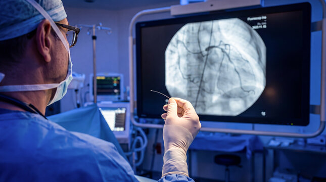 Surgeon performing a cardiac catheterization procedure using a guidewire in a hospital operating room