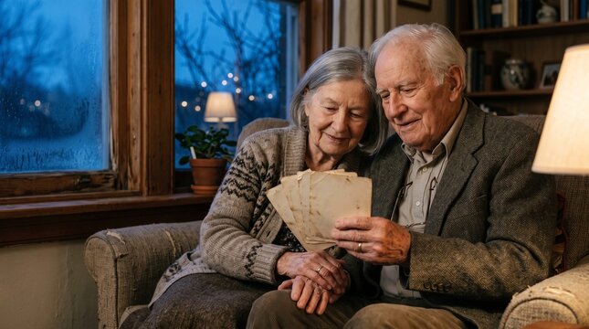 Elderly couple reminiscing over old photographs while sitting on a couch by a window at dusk