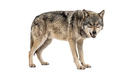Aggressive gray wolf standing and snarling isolated on a clean white background for design © Sapphire