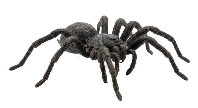 Detailed close-up of a large black spider isolated on a clean white background for web design