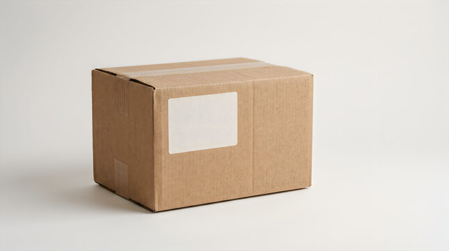 A single closed brown cardboard shipping box with a blank white label on the side surface