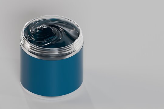 3d cosmetics jar container tub with swirled blue gel cream inside, white background