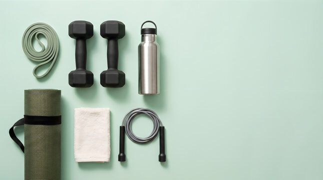 Flat lay of fitness equipment including dumbbells yoga mat water bottle and jump rope