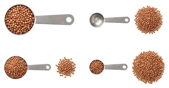 Measuring spoons and round seeds on transparent background