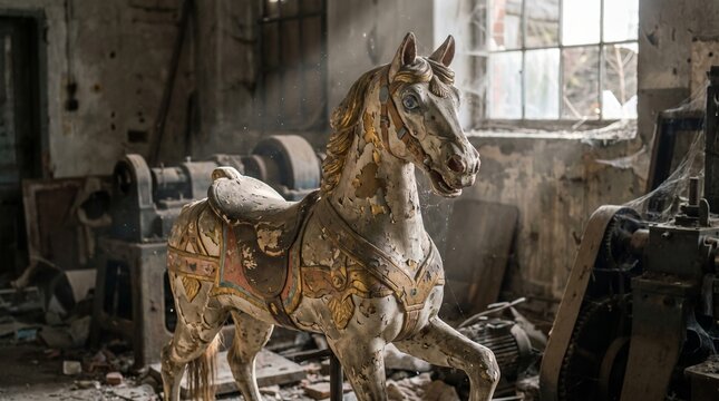 Ornate carousel horse sculpture standing in abandoned industrial warehouse