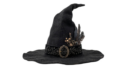 Black felt witch hat with ornate velvet band and vintage metal buckle on white background © Sapphire