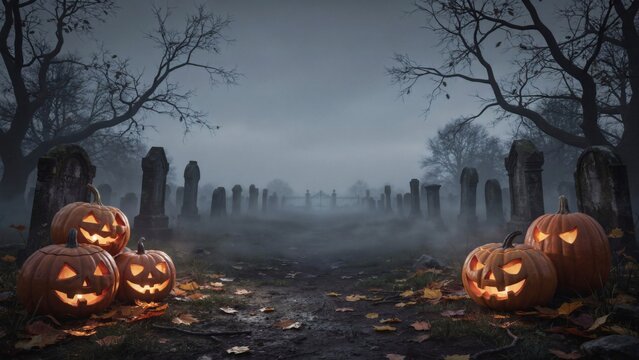 Spooky Halloween cemetery background with carved pumpkins. Glowing jack o lanterns in a foggy graveyard at night with bare trees and tombstones