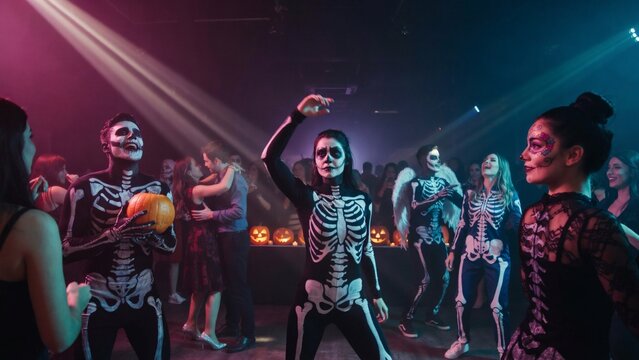 Halloween party celebration. People dancing in skeleton costumes and face paint. Nightclub event with neon lights and carved jack o lanterns