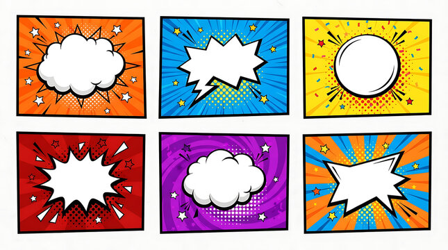 Collection of blank comic book speech bubbles and starbursts with speech bubble