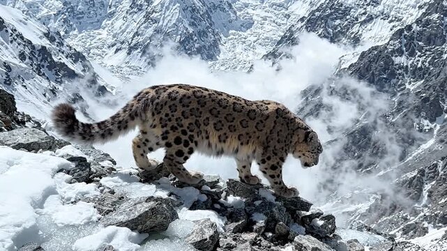 Snow Leopard Navigating a Snowy Himalayan Mountain Landscape