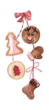 Watercolor illustration of hanging Christmas decoration made of cookies. Cute and cozy hand drawn art for greeting cards, scrapbooking, bookmarks, bakery decoration, and more