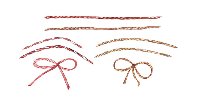 Watercolor set of vintage strings and bows isolated on transparent background. Cute yellow and red ropes for gifts wrapping, scrapbooking, and more