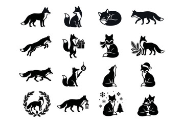 Obraz premium Fox silhouettes collection featuring winter activities and festive holiday decorative elements in black.