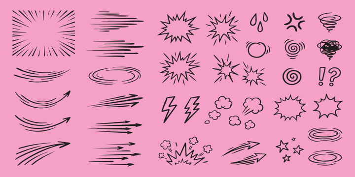 Set of hand drawn comic book speed lines explosion effects and manga action elements on a pink background