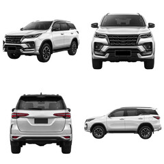Set of white modern SUV car from multiple angles front rear side view isolated on transparent background © Mufid Kamil