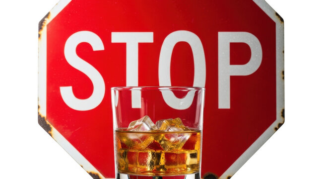 Glass of whiskey with ice in front of a stop sign isolated on transparent background