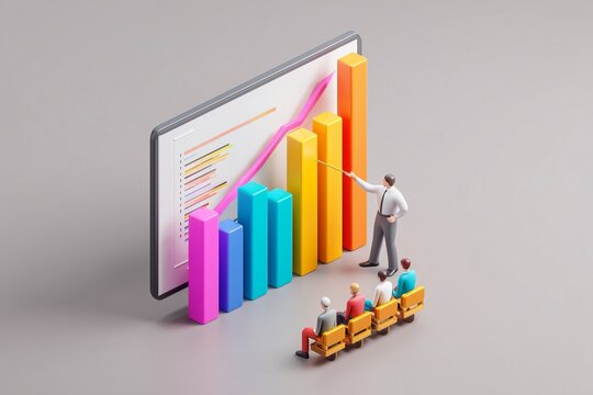 Isometric view of a speaker pointing at a screen with colorful bar charts, three tiny figures watching, business presentation concept, 3D illustration