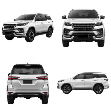 Set of white modern SUV car from multiple angles front rear side view isolated on transparent background