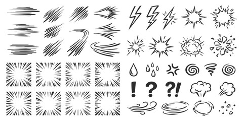 Set of hand drawn comic book effect elements including speed lines explosions lightning and action symbols © ZenVectors