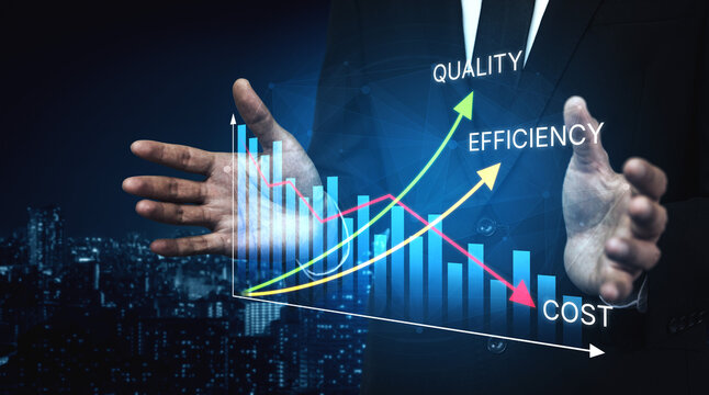 Businessman Presenting Financial Data Analysis with Graphs Representing Quality, Efficiency and Cost in Modern Office Setting at Night. Bitwise.