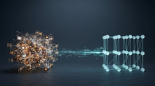 Abstract visualization of data compression transforming complex particles into a structured grid
