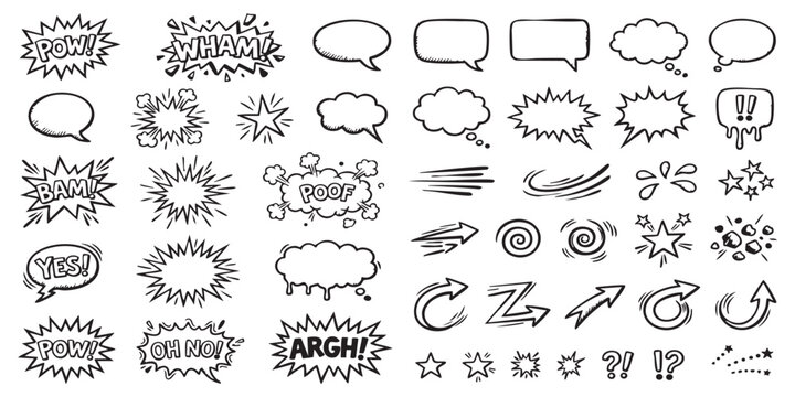 Set of hand drawn comic book speech bubbles explosion sound effects and action signs for graphic design projects