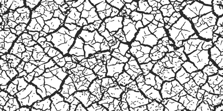 Black and white dry cracked mud texture showing a detailed pattern of parched earth ground surface design