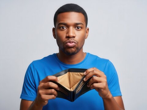 Disappointed African American man holding an empty wallet with a pouting expression, symbolizing financial struggles on a plain background.