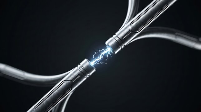 Electric arc jumping between two metallic industrial cables against a dark background
