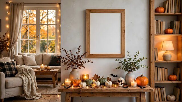 Cozy autumn living room interior mockup with a blank wooden picture frame hanging on a grey wall above a rustic wooden table decorated with colorful pumpkins and candles for Halloween