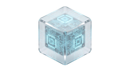 Obraz premium Futuristic glowing isometric glass cube with intricate glowing circuit board motherboard traces. Advanced quantum computing cyber data block isolated on pure white background setting scene.